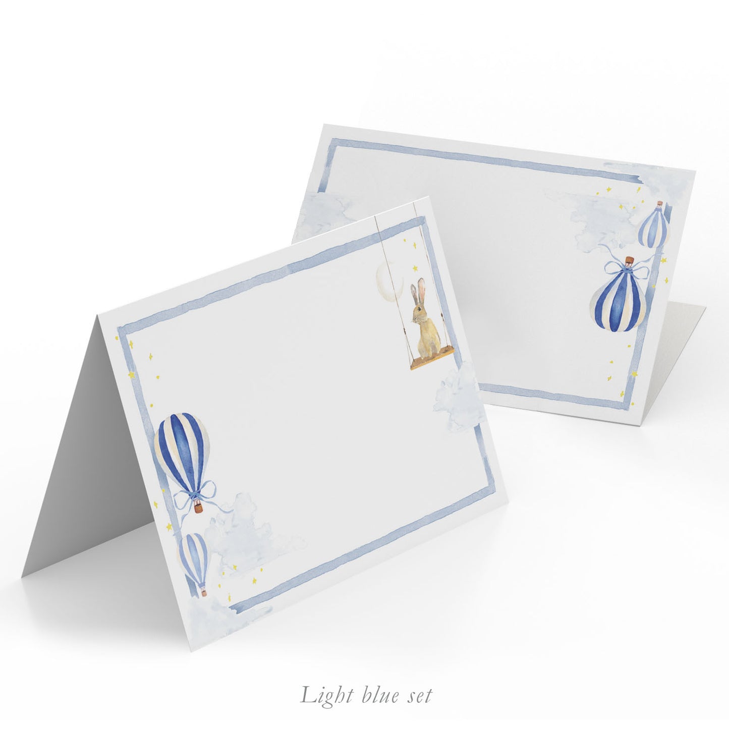 Image of two Clementina Sketchbook place cards, featuring light blue borders and hand-painted designs of hot air balloons.