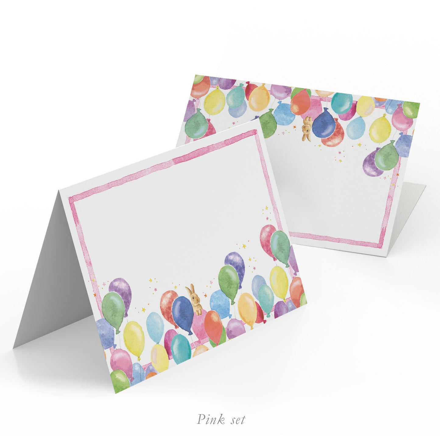 Image of two Clementina Sketchbook place cards, featuring pink borders and hand-painted designs of balloons.