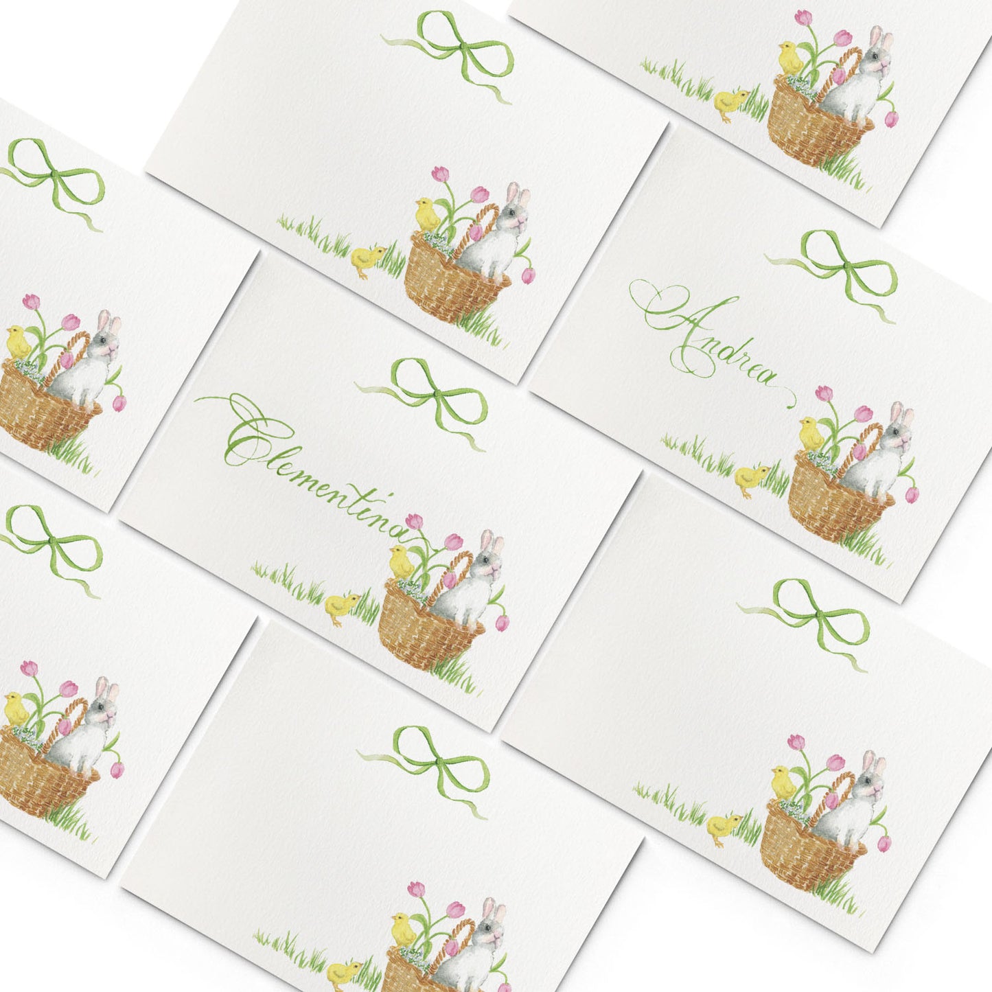 Image of multiple Clementina Sketchbook colourful place cards, featuring hand-painted designs of bunnies, baskets, and flowers.