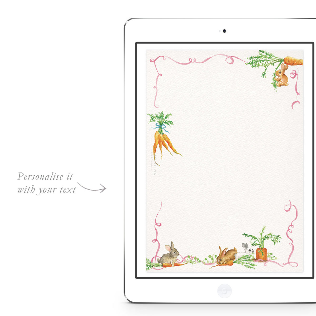 Blank Bunnies & Carrots digital invitation template from Clementina Sketchbook with watercolour rabbits, carrots, and garden-inspired border, ready for personalised Easter party text.