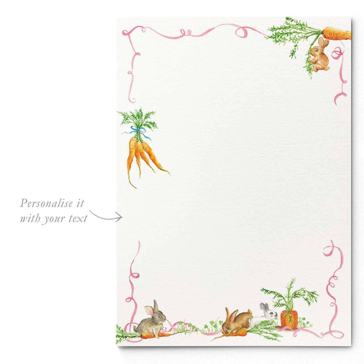 Blank Bunnies & Carrots printed invitation template from Clementina Sketchbook with watercolour rabbits, carrots, and garden-inspired border, ready for personalised Easter party text.