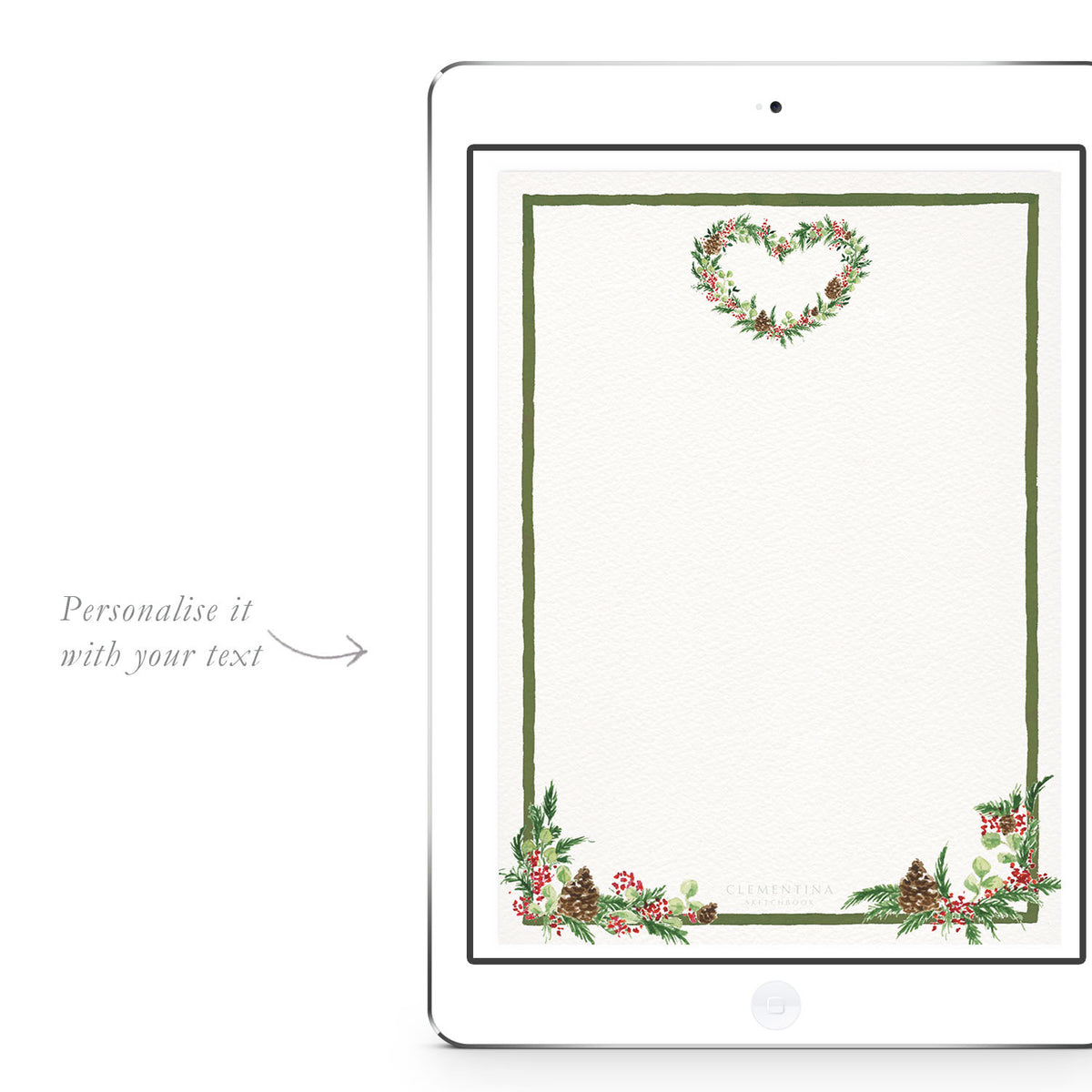 Blank Christmas Wreath digital invitation template from Clementina Sketchbook with hand-painted wreath and greenery design, ready for personalised text.