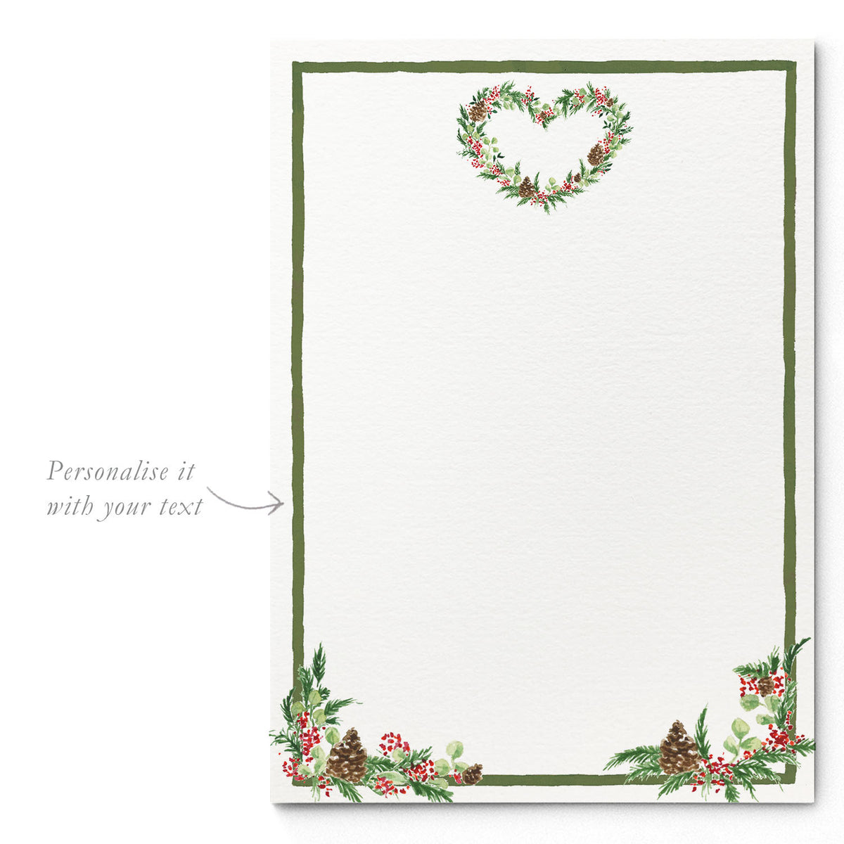 Blank Christmas Wreath printed invitation template from Clementina Sketchbook with hand-painted wreath and greenery design, ready for personalised text.
