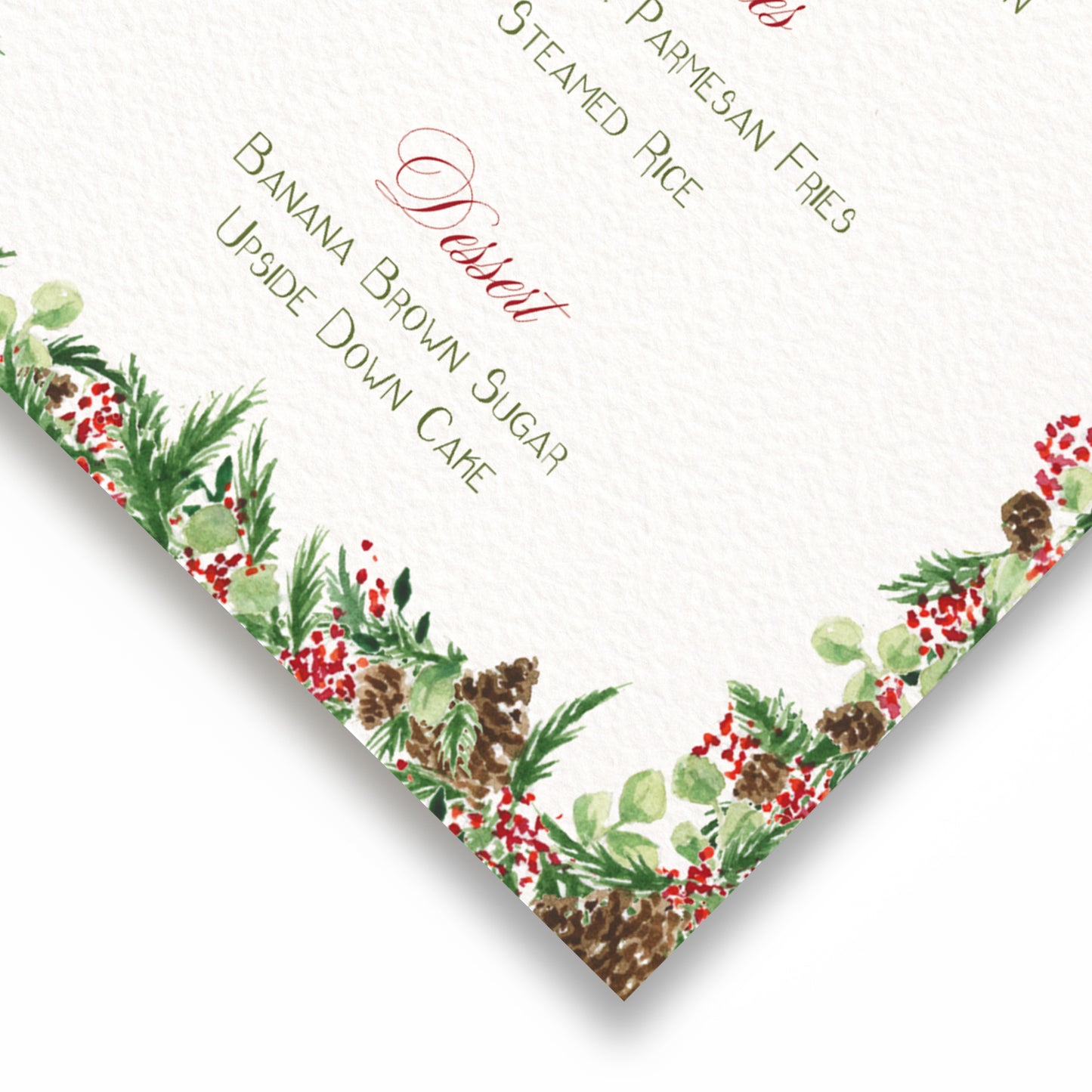 Close-up of the corner of our holiday dinner menu, showcasing the green and red Christmas wreath detailing.