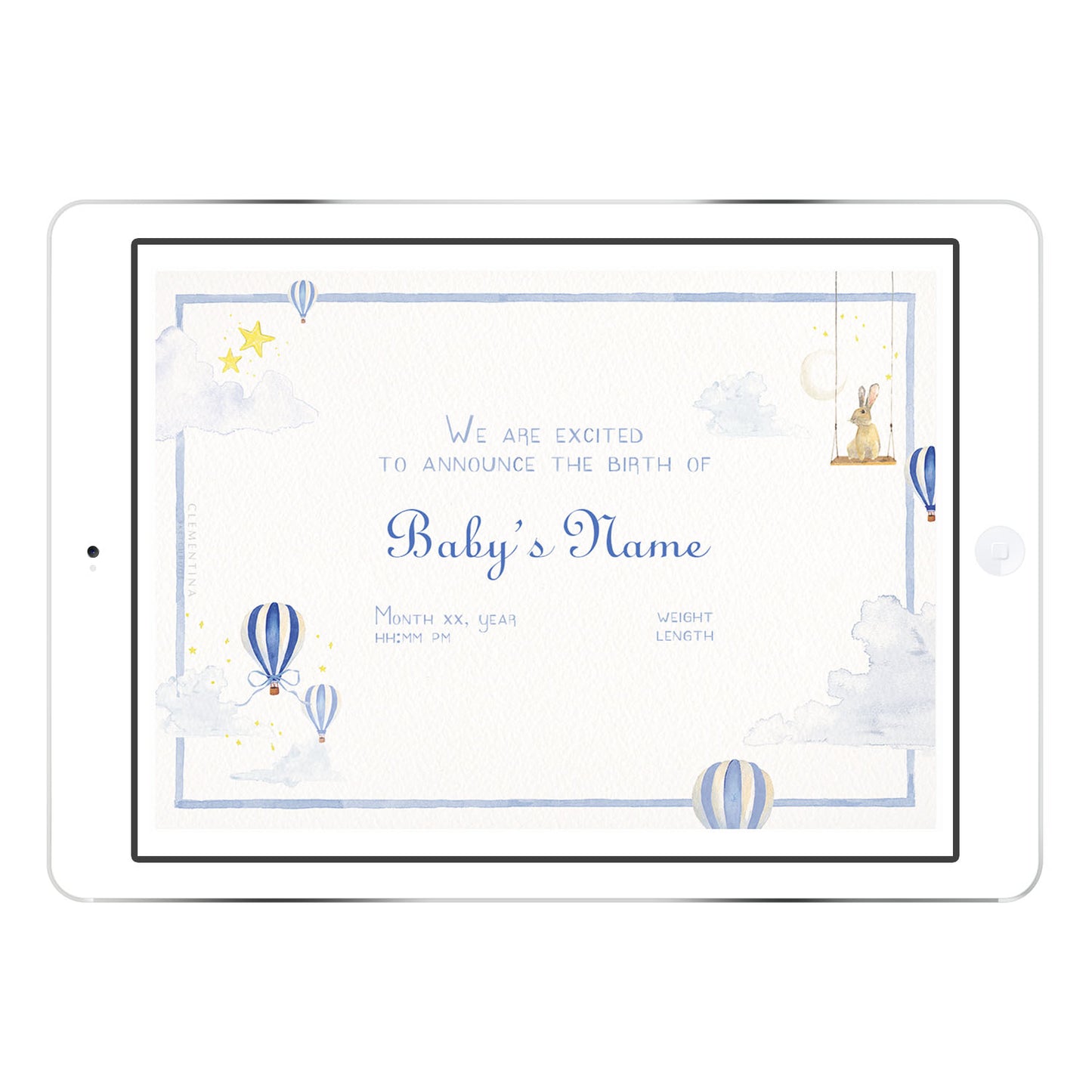 Blank Hot Air Balloons digital birth announcement template in blue palette with hand-painted balloons and stars, ready for personalised baby details.