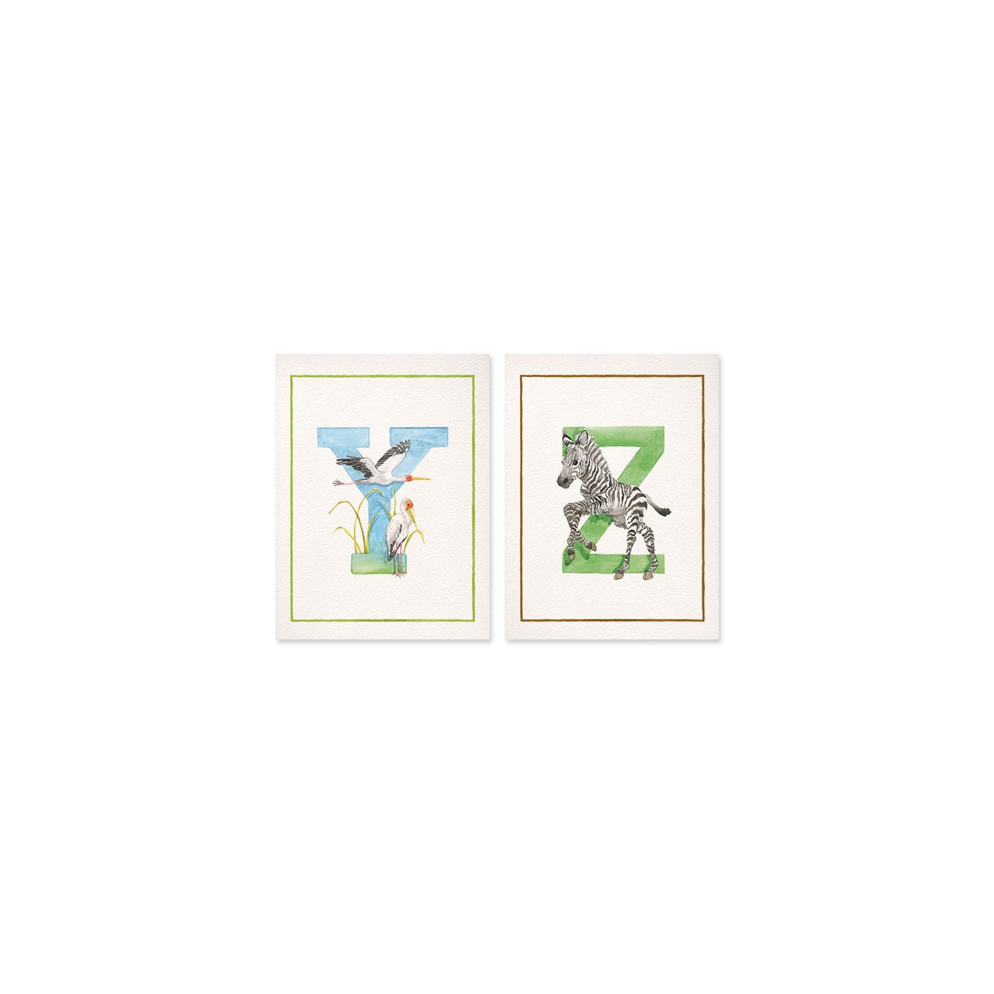 Overview of the inital print alphabet, featuring unique watercolour designs for the letters Y and Z.