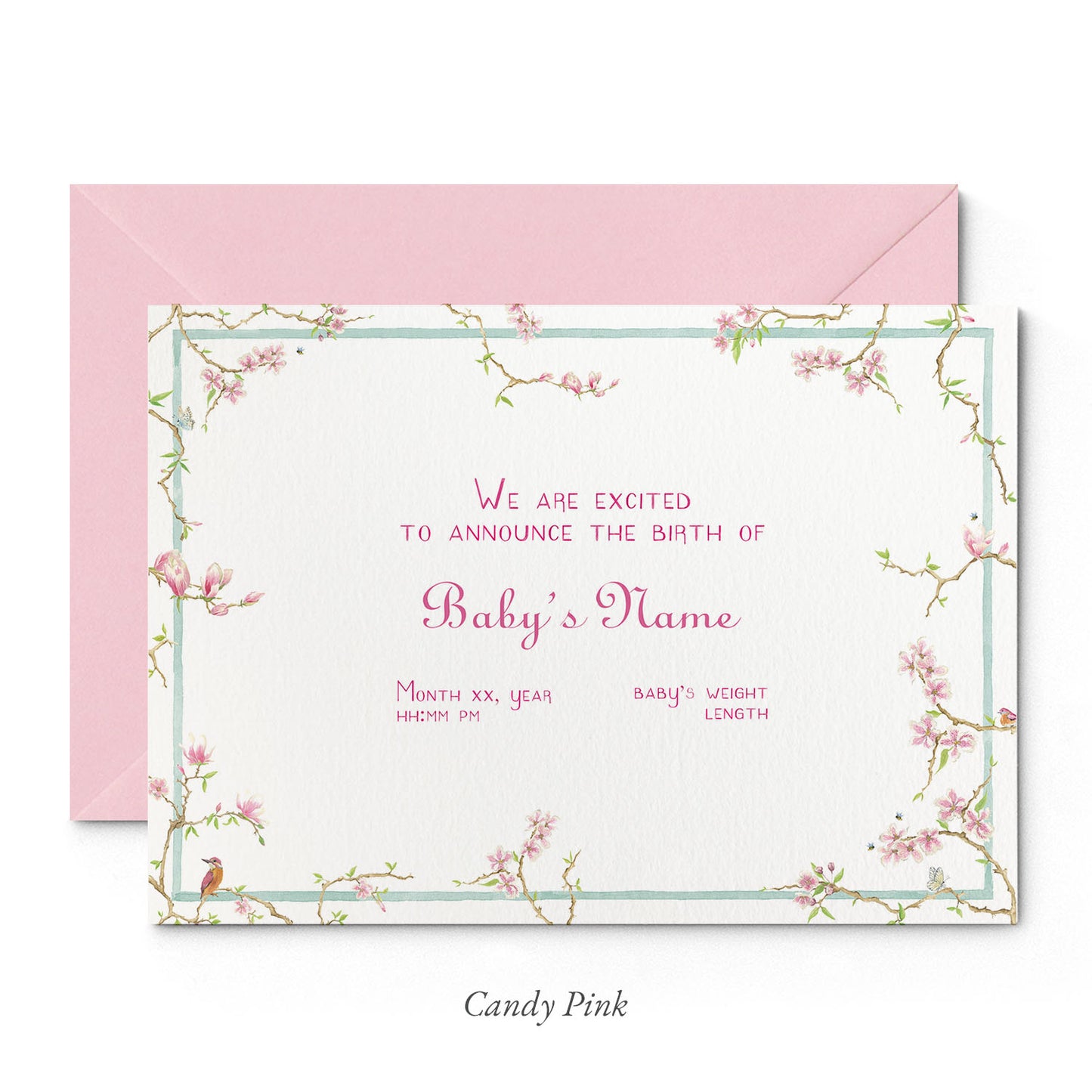 Image of Clementina Sketchbook's magnolia printed birth announcement with a pale blue and floral border, personalised text and pale pink envelope.