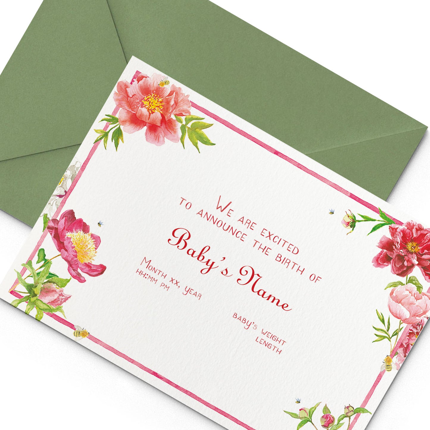 Peonies Printed Birth Announcements
