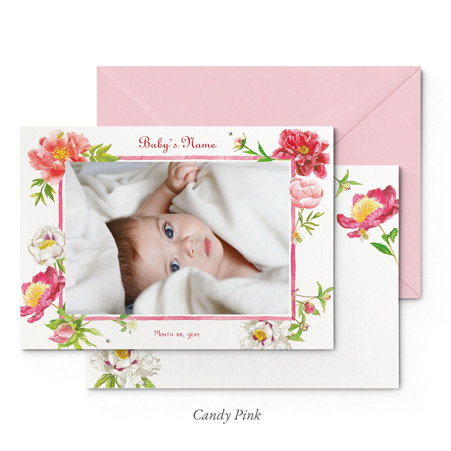 Image of both sides of Clementina Sketchbook's peonies printed birth announcement with a floral border, personalised text, space for a baby photo to be stuck and a pink envelope.