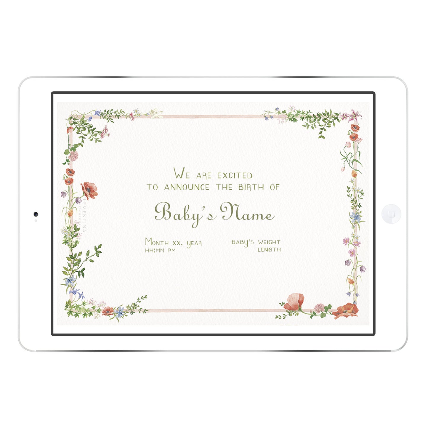 Blank Wild Blooms online birth announcement template from Clementina Sketchbook with botanical watercolour wildflowers, ready for personalised name and birth stats.