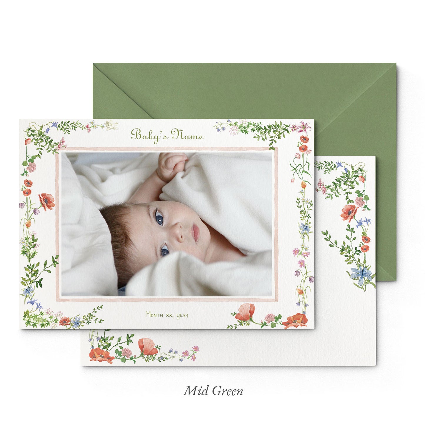 Image of both sides of Clementina Sketchbook's wild bloom printed birth announcement with a floral border, personalised text, space for a baby photo to be stuck and a green envelope.