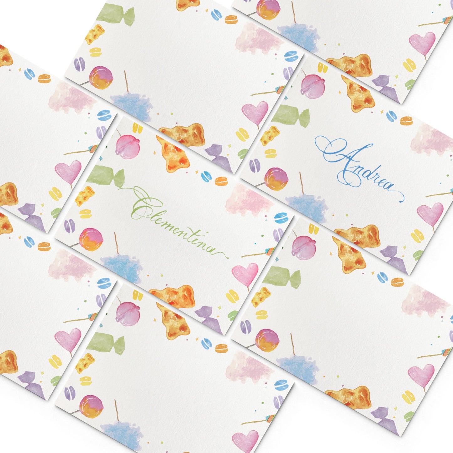 Image of multiple Clementina Sketchbook colourful place cards, featuring hand-painted designs of candy.