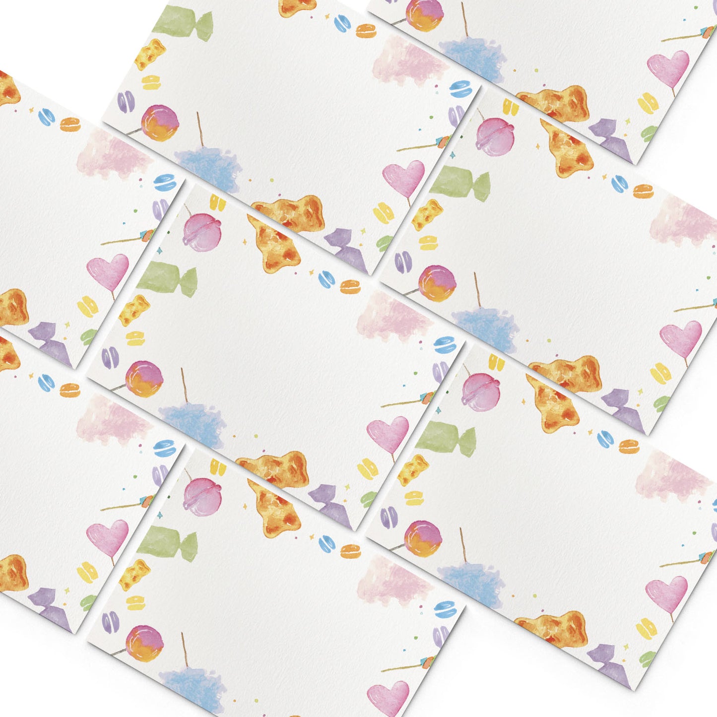 Image of numerous Clementina Sketchbook candy mini personal stationery cards, organised into a pyramid shape.