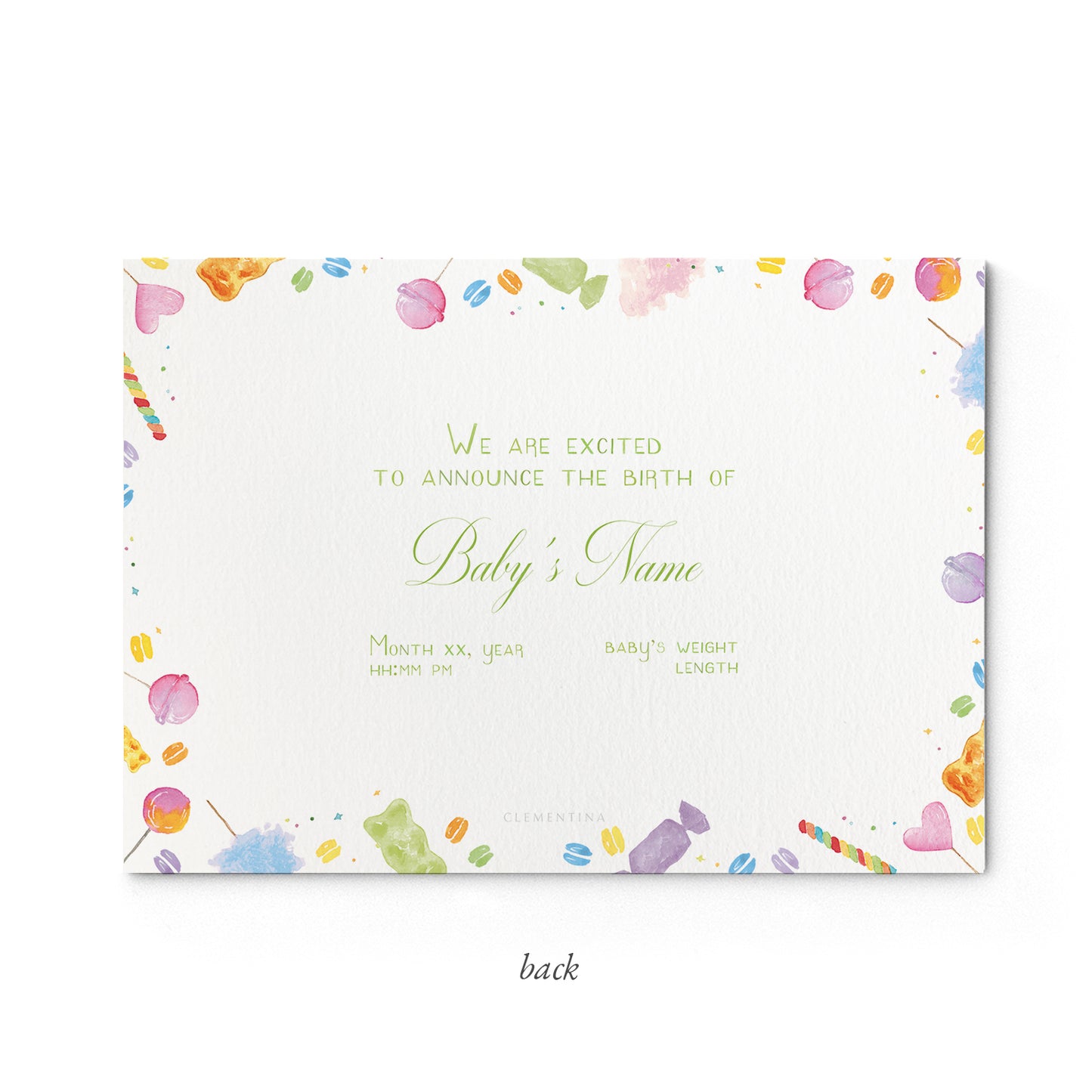 Image of the back of Clementina Sketchbook's candy printed birth announcement with a multicoloured candy border and space for personalised text.
