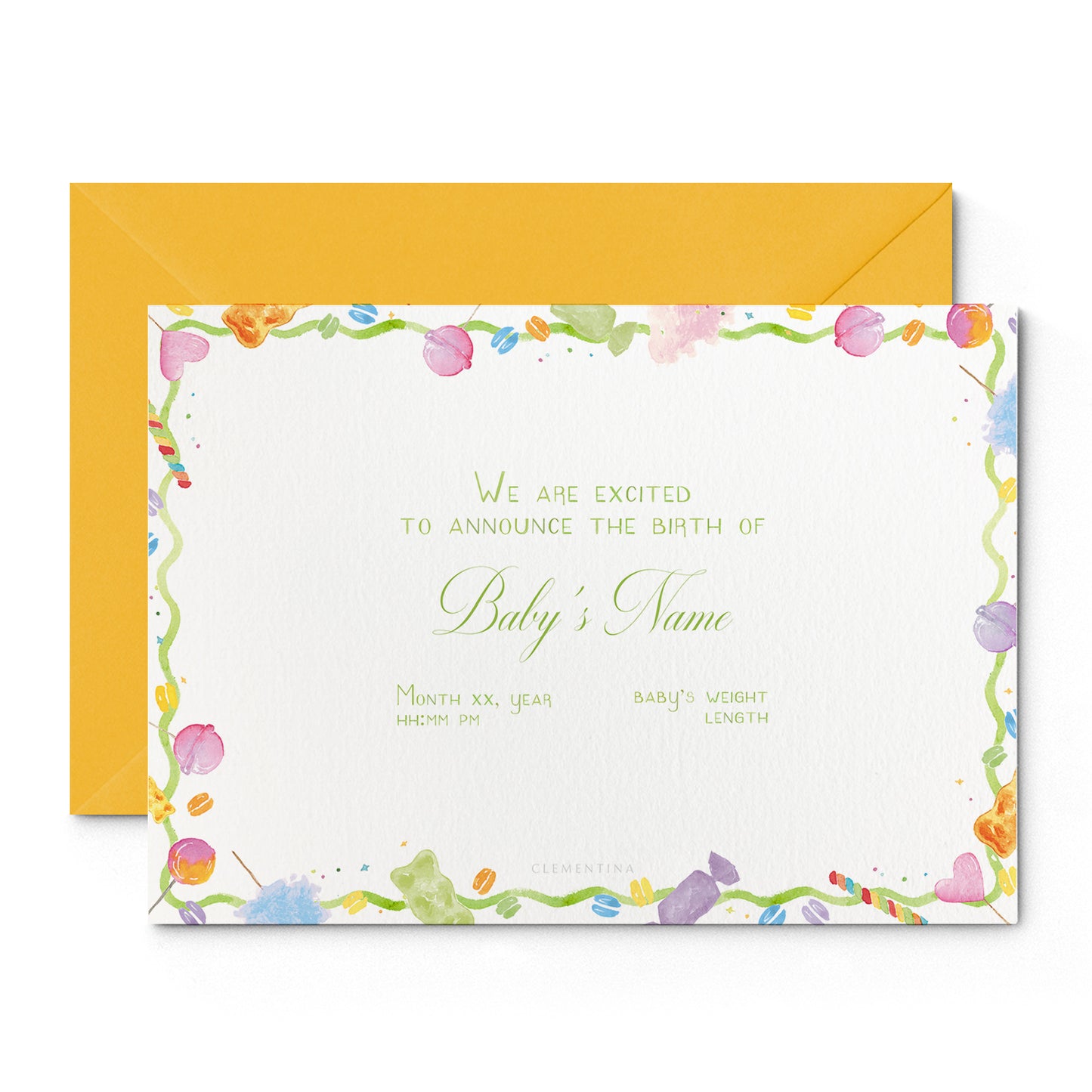 Image of Clementina Sketchbook's candy printed with announcement with a multicoloured candy border, personalised text and a yellow envelope.