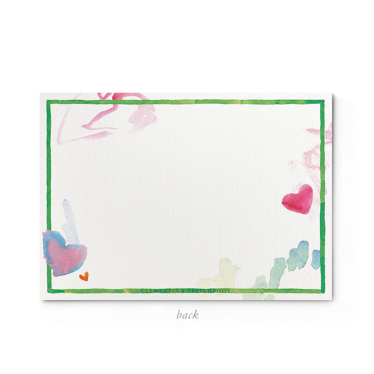 Image shows the back of a Clementina Sketchbook children's stationery card, with a heart watercolour design and a green border.