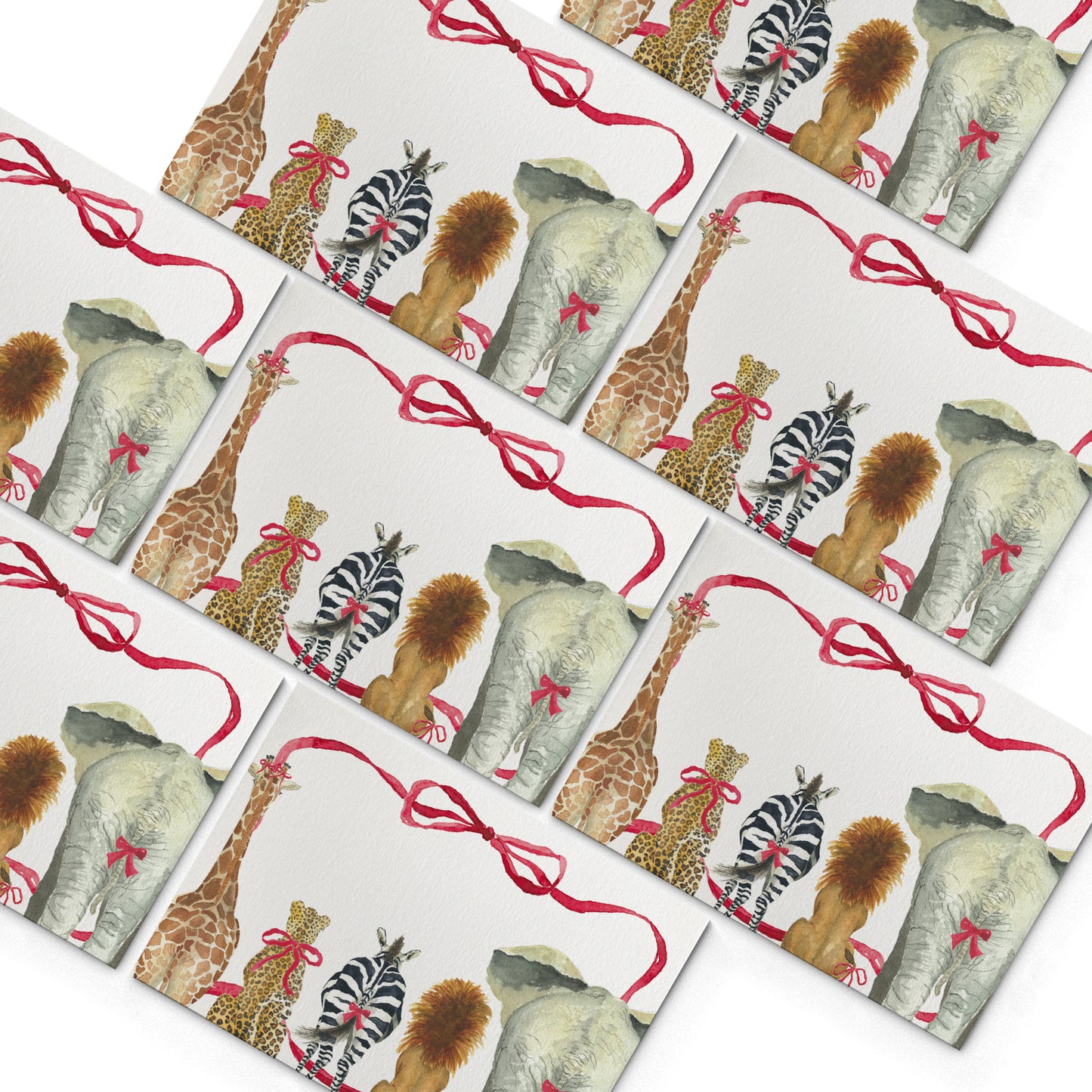 Image of numerous Clementina Sketchbook Christmas safari mini personal stationery cards, organised into a pyramid shape.