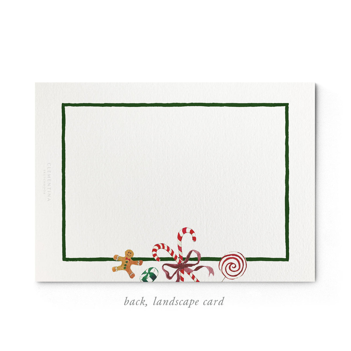 Close-up of the back of Clementina Sketchbook's landscape candies holiday family card with a green border, candy cane design and space for personalised text.