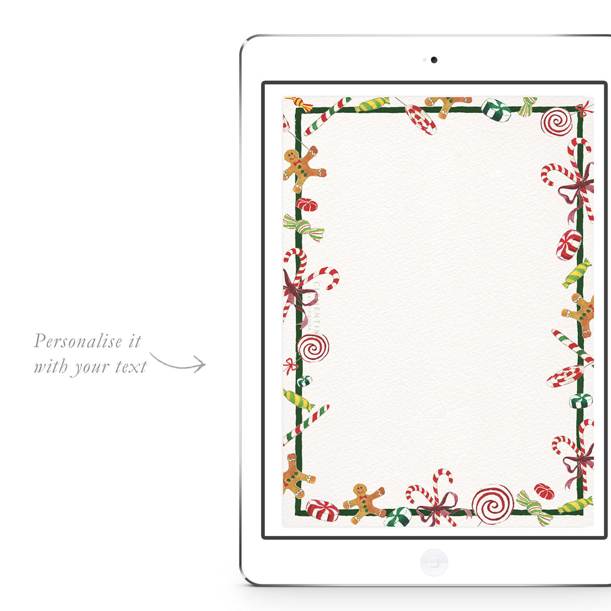 Blank Christmas Candies digital invitation template from Clementina Sketchbook with hand-painted watercolour candy cane and festive sweet border, ready for personalised holiday party text.