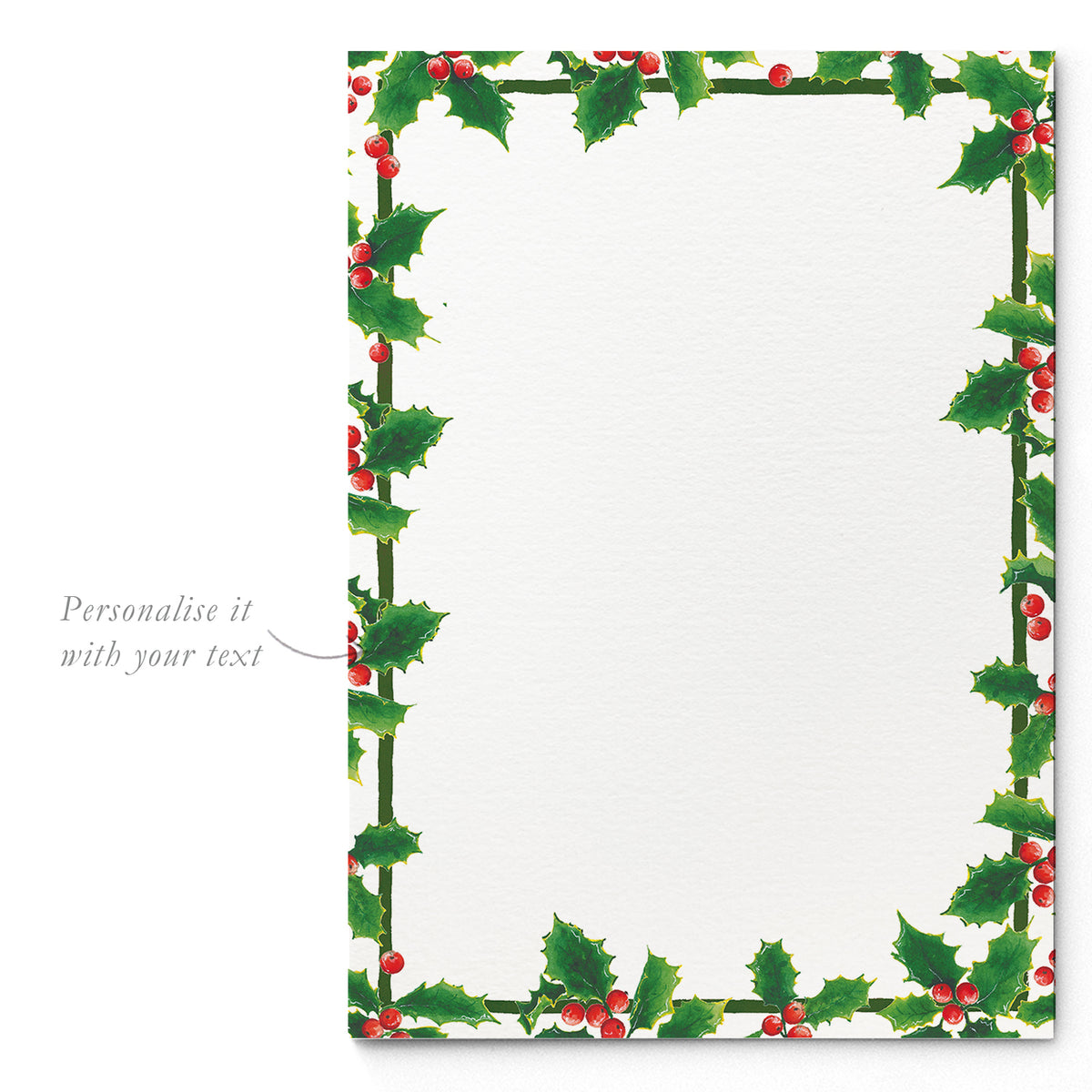 Blank Christmas Holly invitation template from Clementina Sketchbook with festive watercolour holly border, ready for personalised holiday party text.