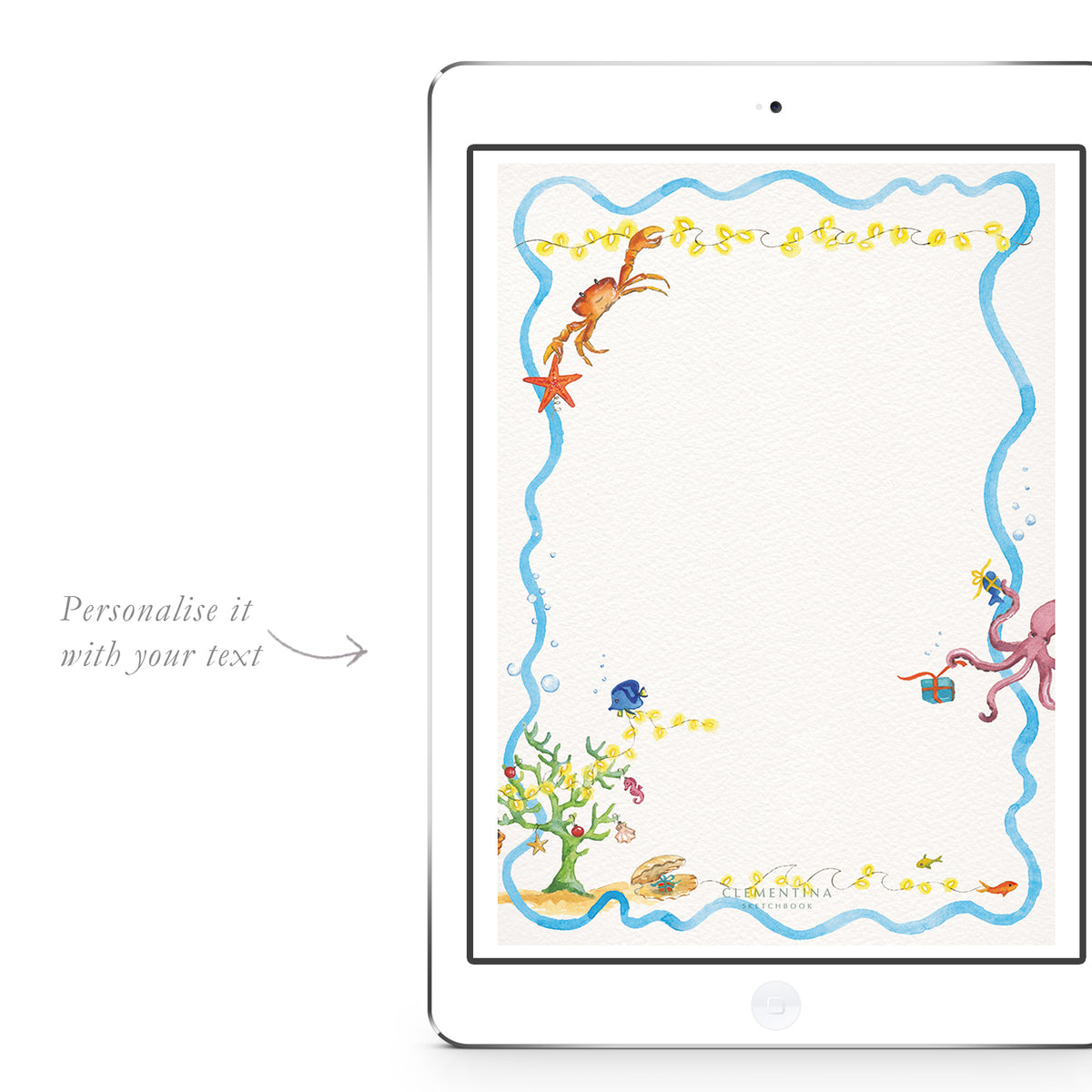 Blank Christmas Under The Sea digital invitation template from Clementina Sketchbook with hand-painted watercolour sea creatures, coral, and festive underwater border, ready for personalised Christmas party text.