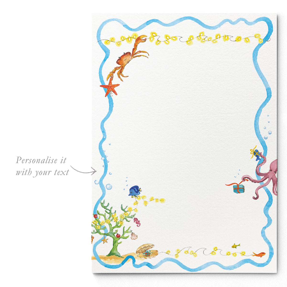 Blank Christmas Under The Sea printed invitation template from Clementina Sketchbook with hand-painted watercolour sea creatures, coral, and festive underwater border, ready for personalised Christmas party text.