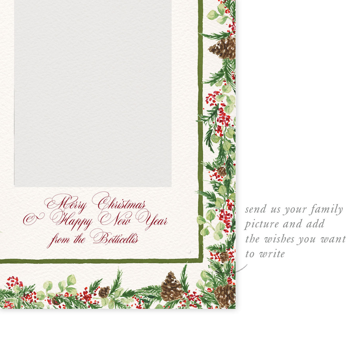 Blank Christmas Wreath digital family card template from Clementina Sketchbook with watercolour greenery, berries, and pinecone border, ready for personalised photo and text.