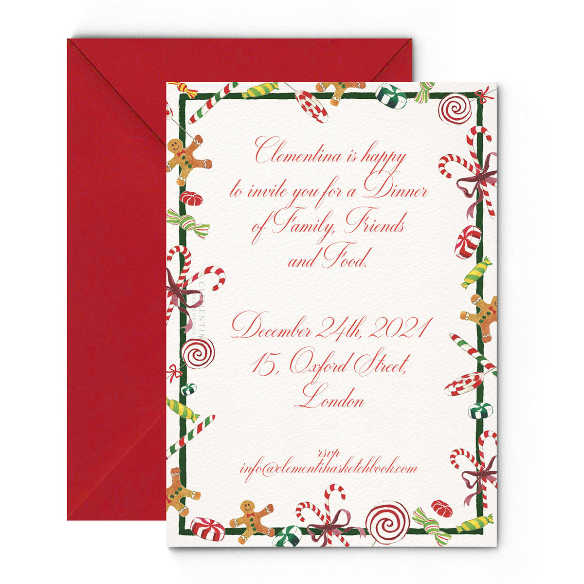 Blank Christmas Candies printed invitation template from Clementina Sketchbook with hand-painted watercolour candy cane and festive sweet border, ready for personalised holiday party text.