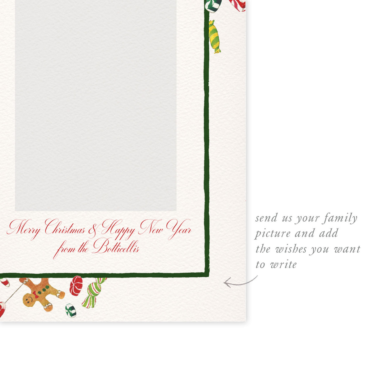 Blank Christmas Candies digital family card template from Clementina Sketchbook with festive watercolour candy cane and sweet border, ready for personalised photo and text.