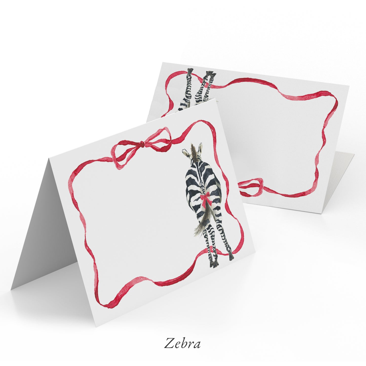 Image of two Clementina Sketchbook animal place cards, featuring hand-painted designs of zebras.
