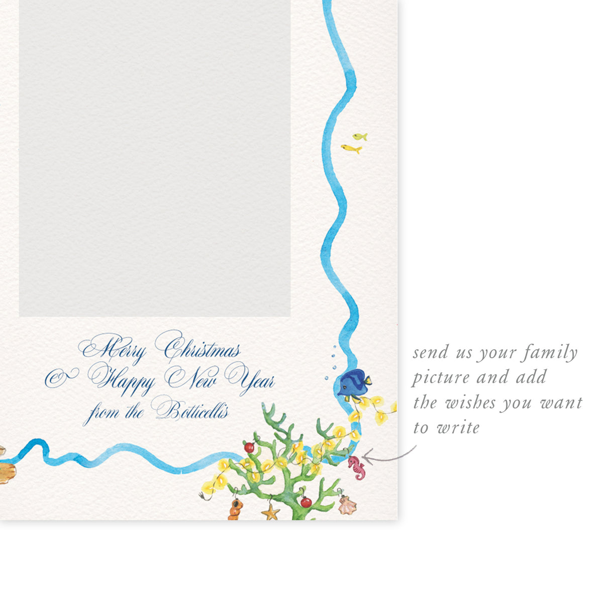 Blank Christmas Under The Sea digital family card template from Clementina Sketchbook with hand-painted watercolour sea creatures, coral, and festive underwater details, ready for personalised photo and text.