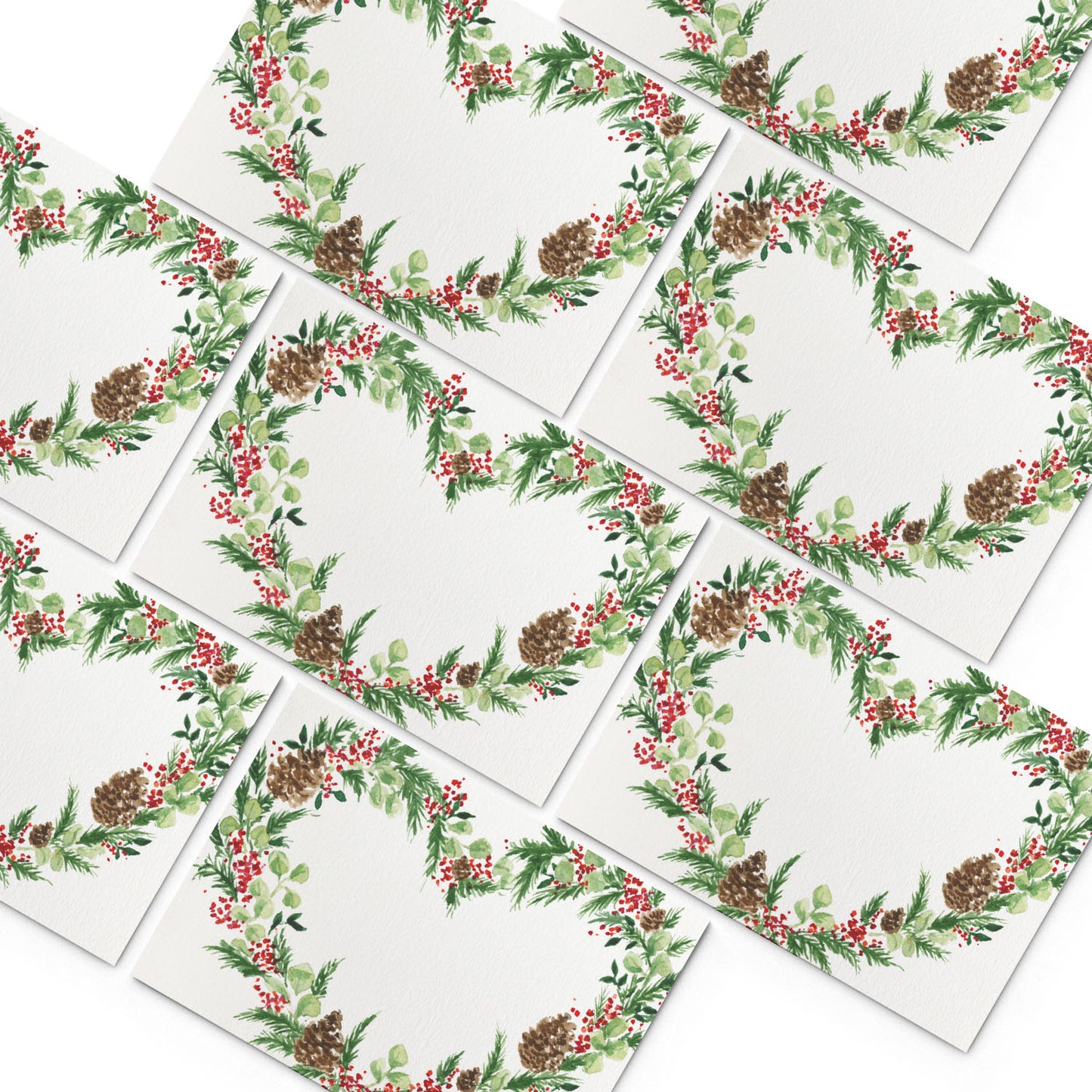 Image of numerous Clementina Sketchbook Christmas wreath mini personal stationery cards, organised into a pyramid shape.