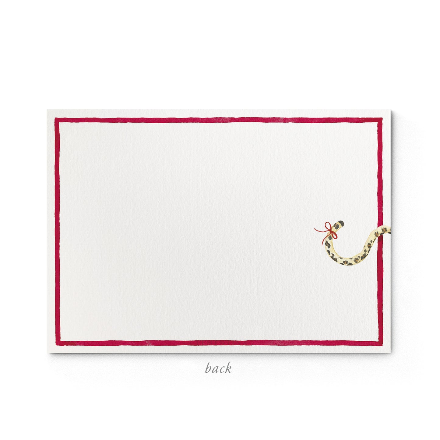 Image shows the back of a Clementina Sketchbook Christmas stationery card, with a festive safari animal watercolour design and a red border.
