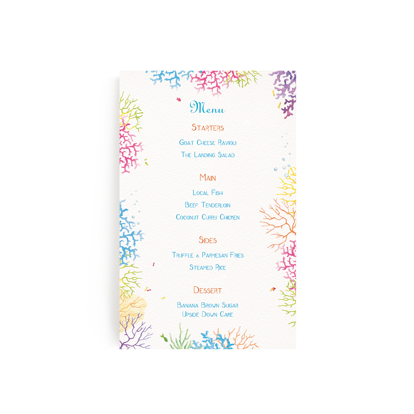 Image of our multicoloured coral reef custom menu, featuring personalised text and hand-painted watercolour designs.