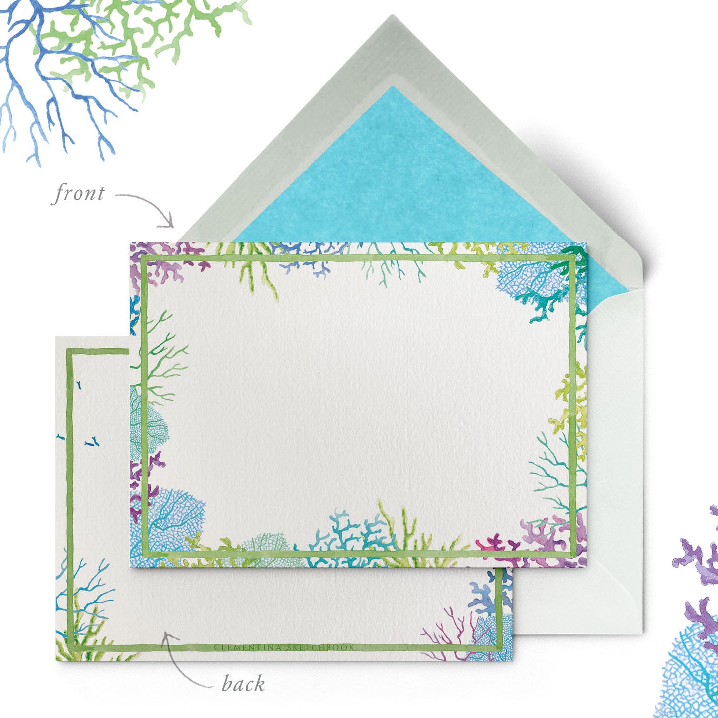 Image of Clementina Sketchbook's coral reef stationery card with ocean themed watercolour designs and a blue tissue envelope.