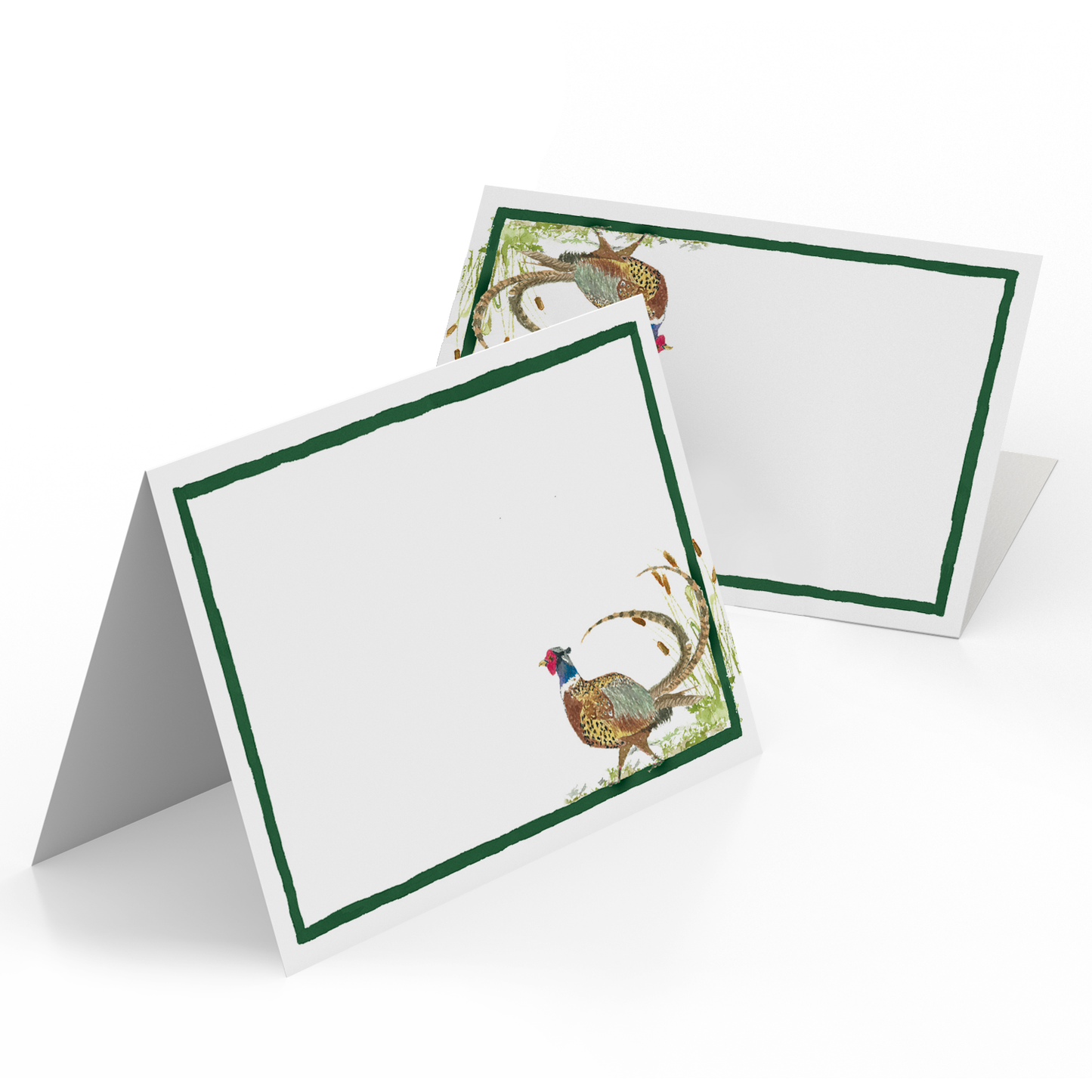 Image of two Clementina Sketchbook nature place cards, featuring a dark green border and phesant hand-painted designs.
