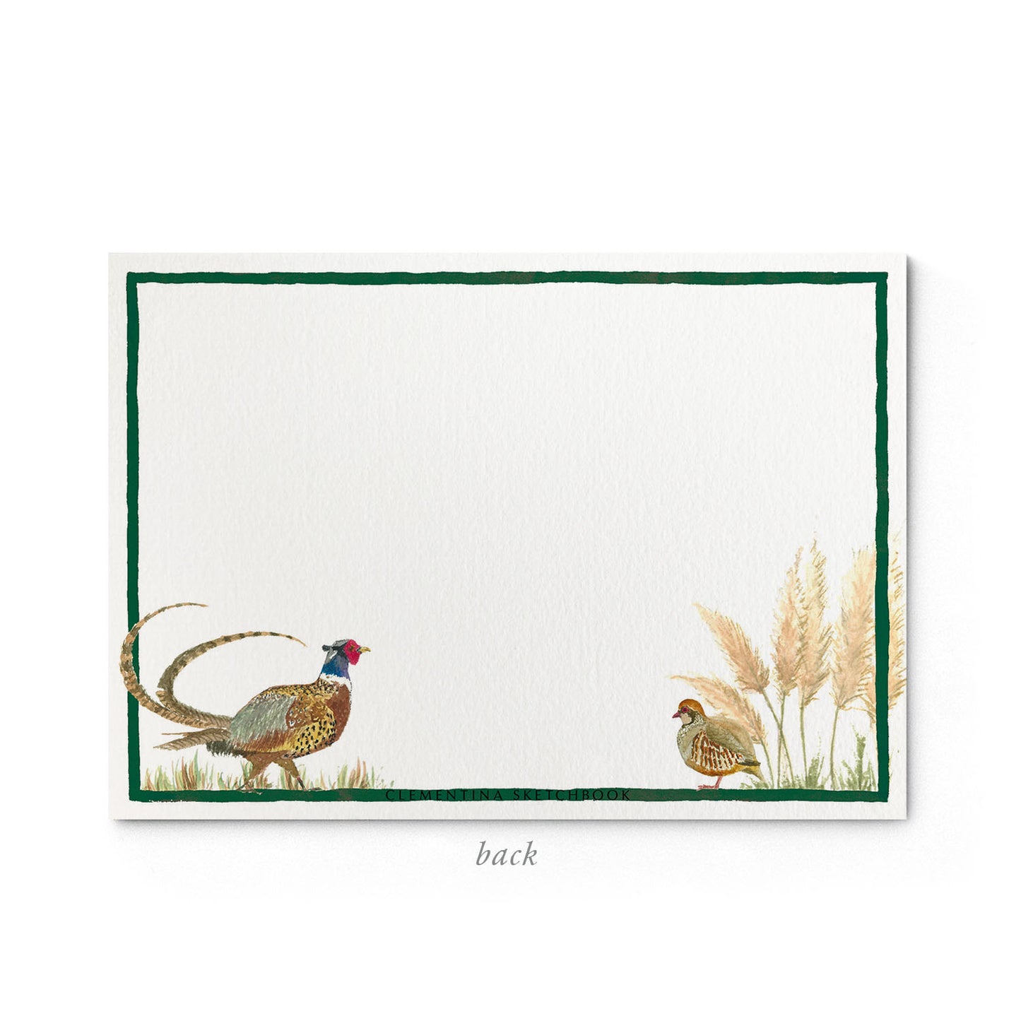 Image shows the back of a Clementina Sketchbook countryside bird stationery card, with phesant and duck watercolour design and a green border.