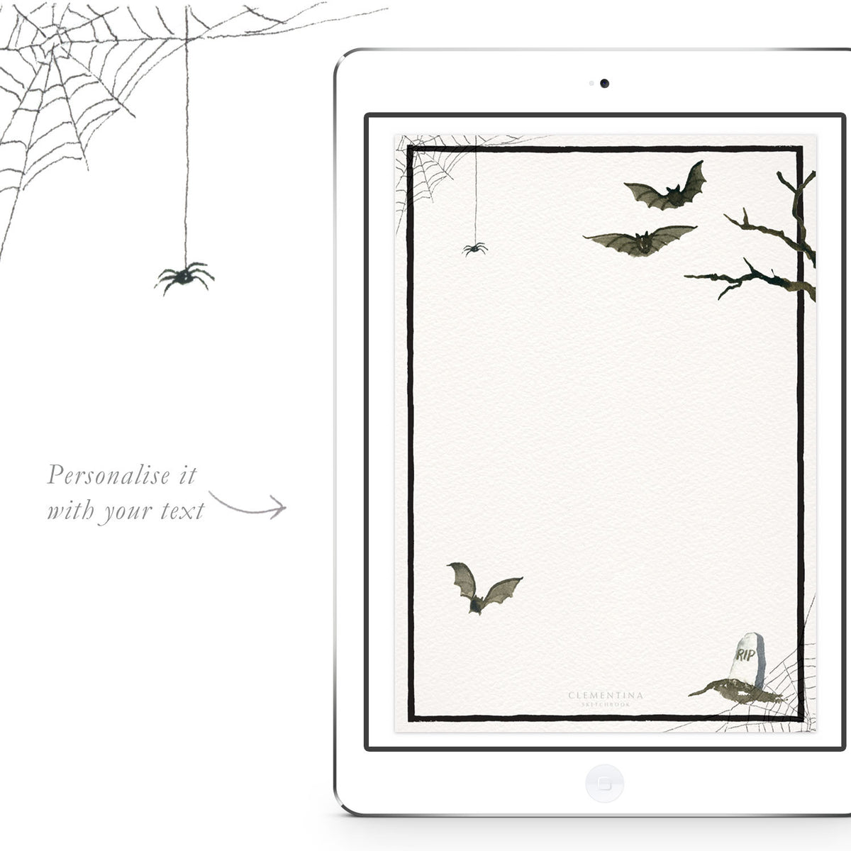 Blank Creepy Halloween Party digital invitation template from Clementina Sketchbook with watercolour bats, cobwebs, and tombstone, ready for personalised Halloween party text.