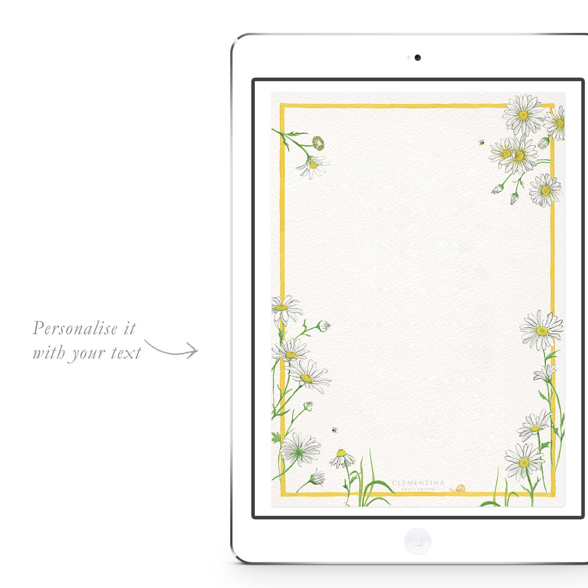 Blank Daisies digital invitation template from Clementina Sketchbook with hand-painted watercolour daisies and yellow border, ready for personalised spring or summer party text.