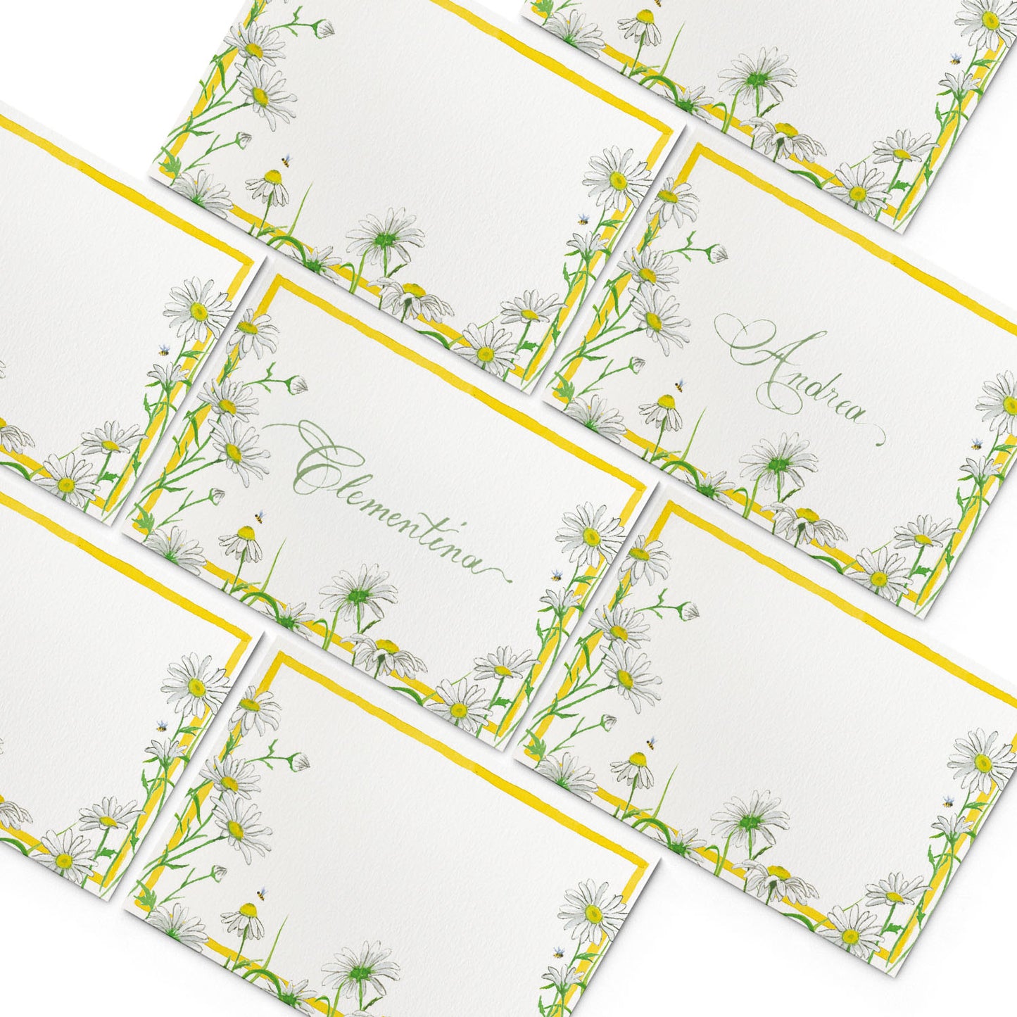 Image of multiple Clementina Sketchbook spring place cards, featuring daisy hand-painted designs.