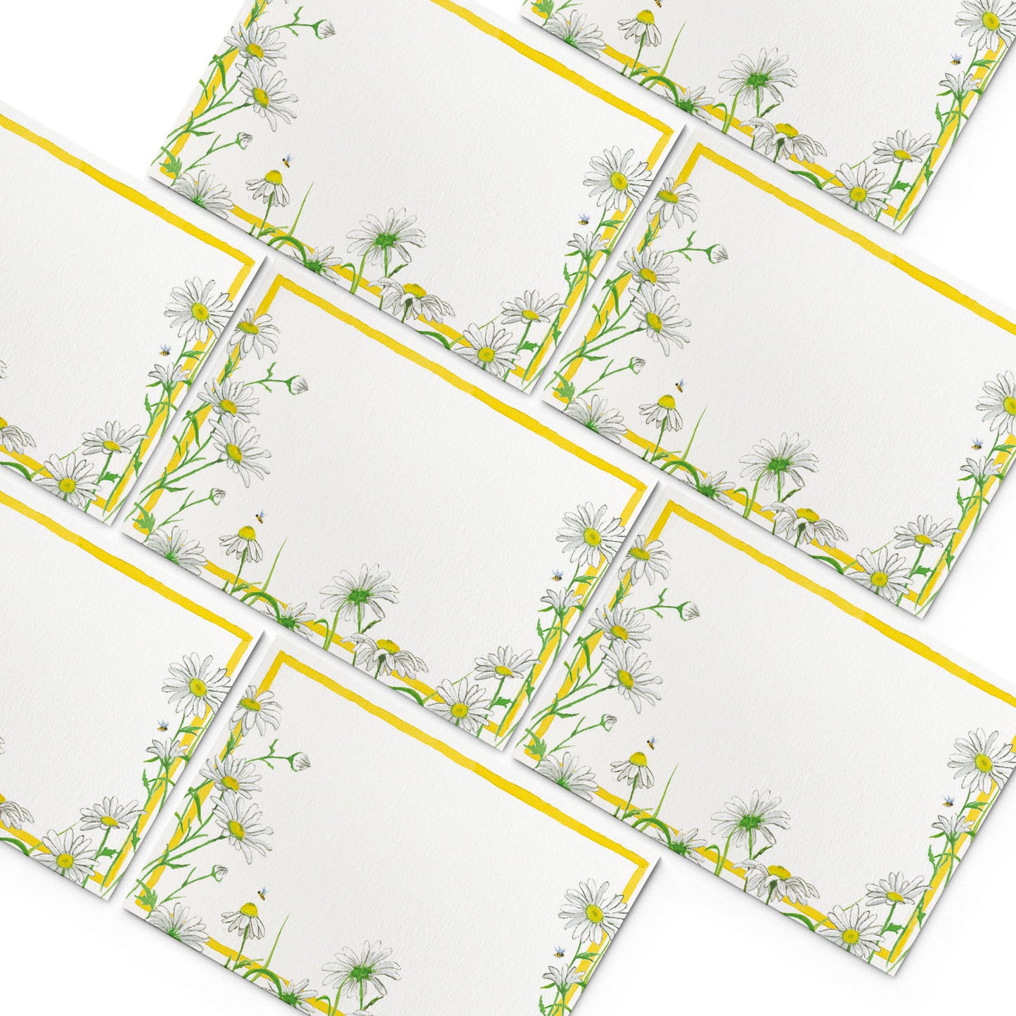 Image of numerous Clementina Sketchbook daisies mini personal stationery cards, organised into a pyramid shape.