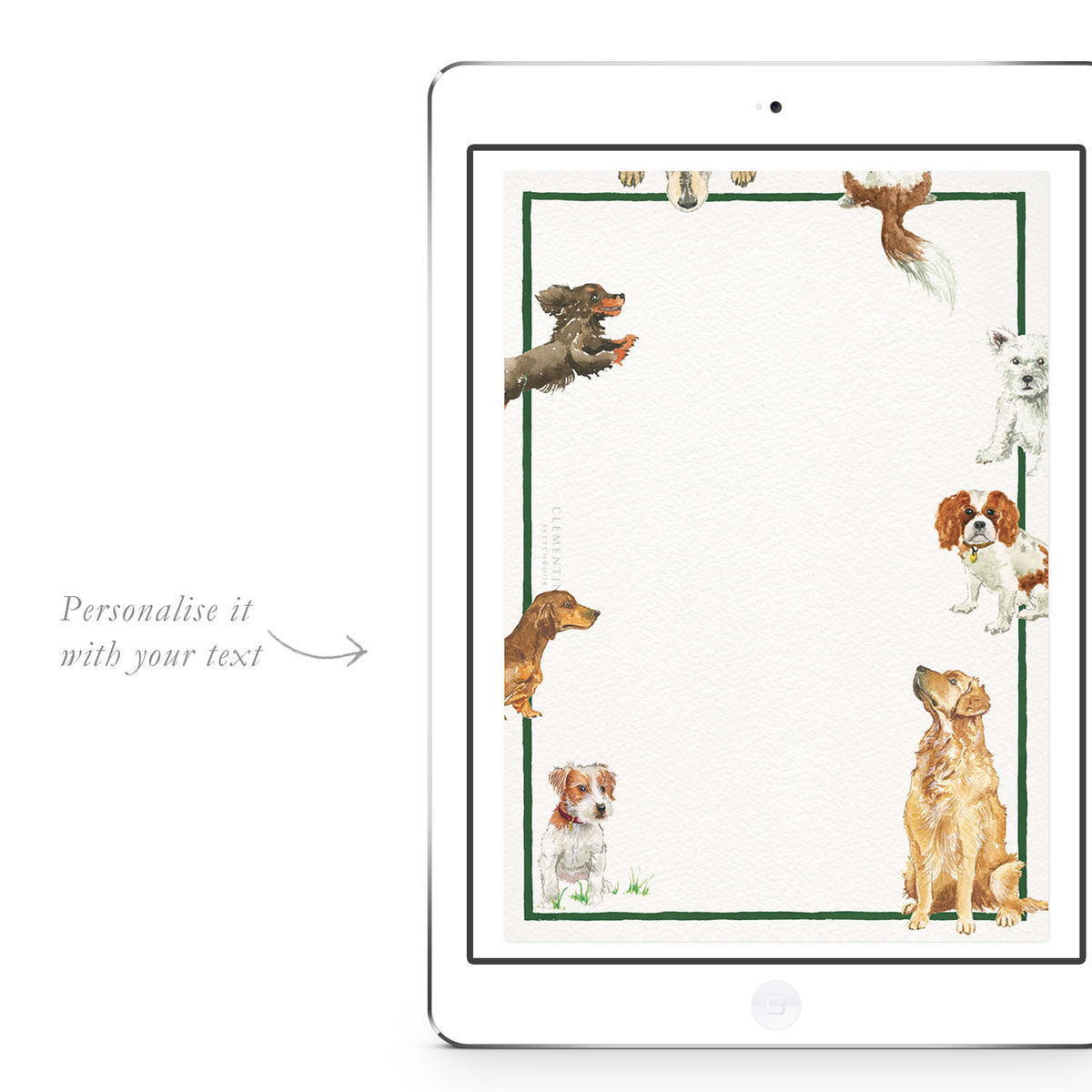 Blank Doggies digital invitation template from Clementina Sketchbook featuring a border of watercolour dogs in various breeds and poses, ready for customised party details.