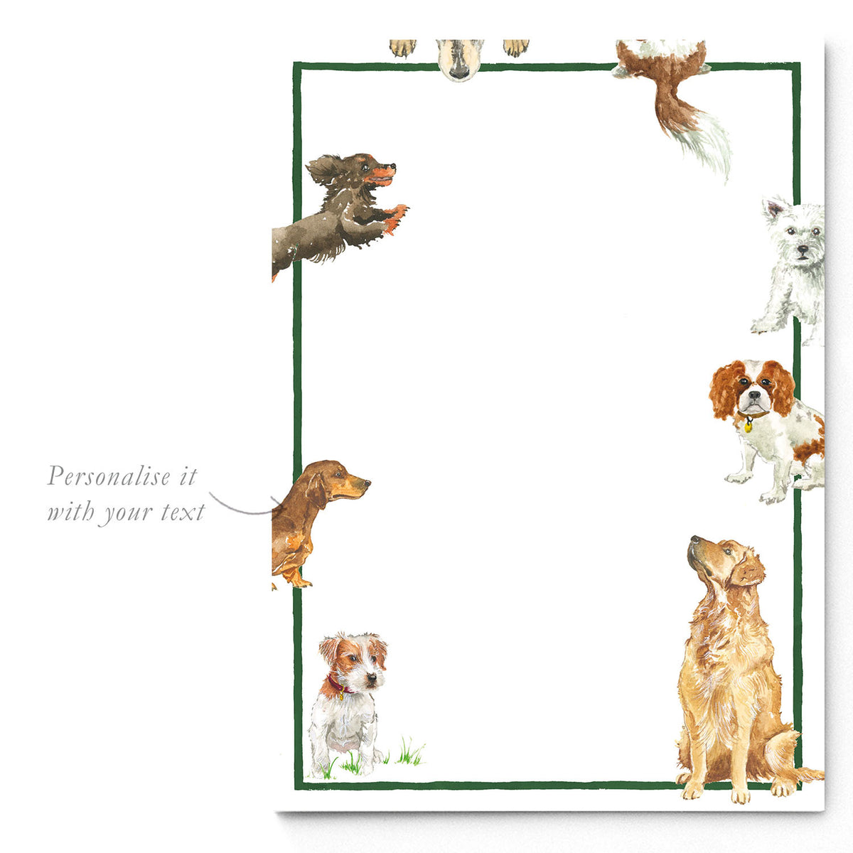 Blank Doggies printed invitation template from Clementina Sketchbook with watercolour dogs drawn around the border, ready for personalised invitation text.
