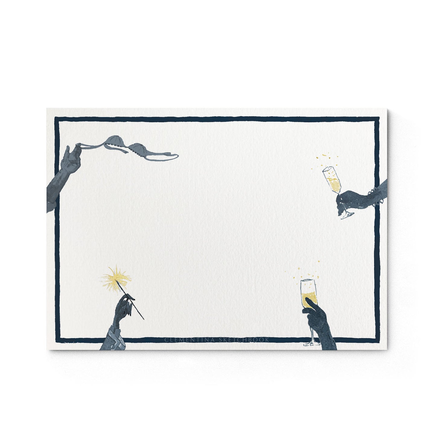 Image shows the back of a Clementina Sketchbook New Year stationery card, with a glitterball and champagne watercolour design and a dark blue border.