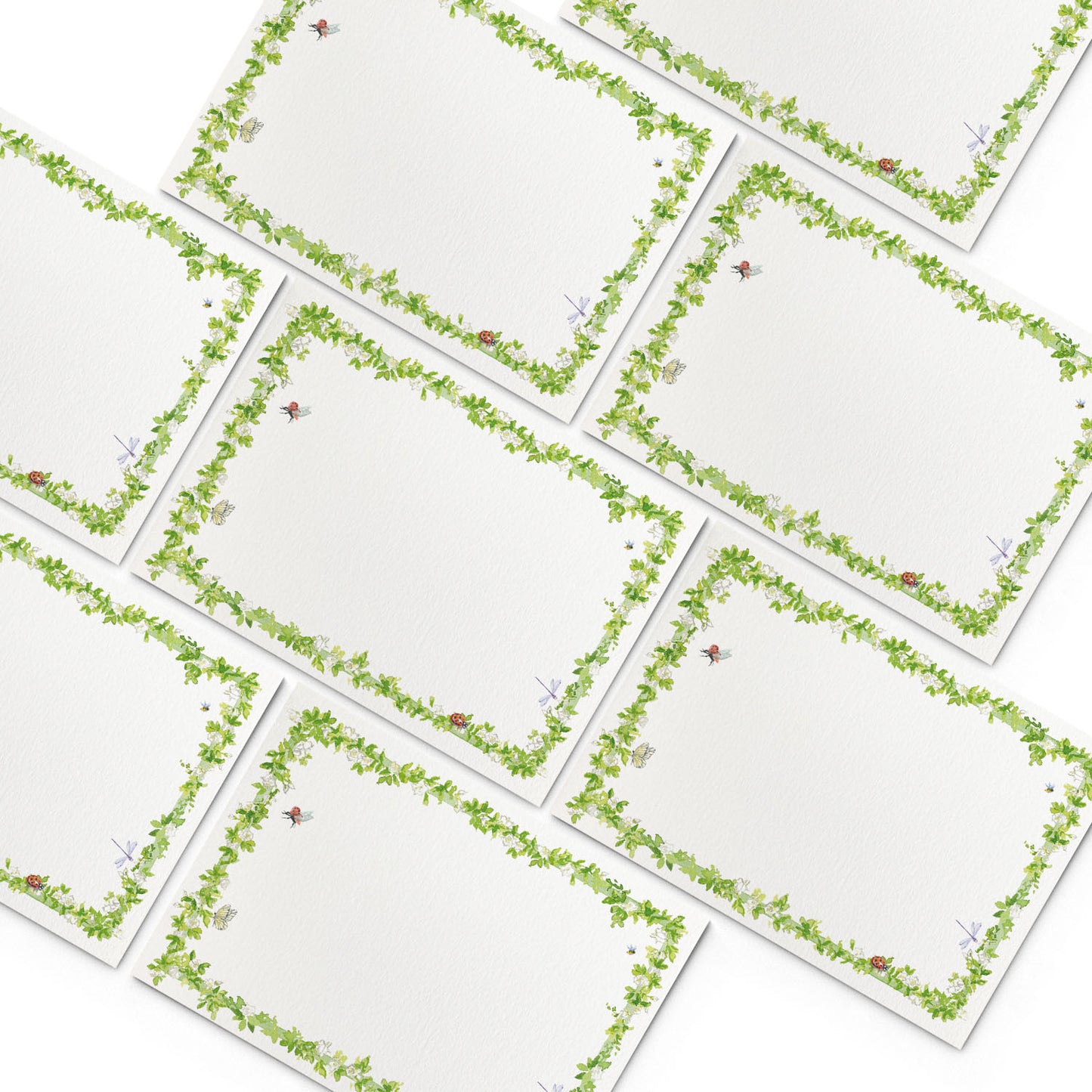 Image of numerous Clementina Sketchbook enchanted garden mini personal stationery cards, organised into a pyramid shape.