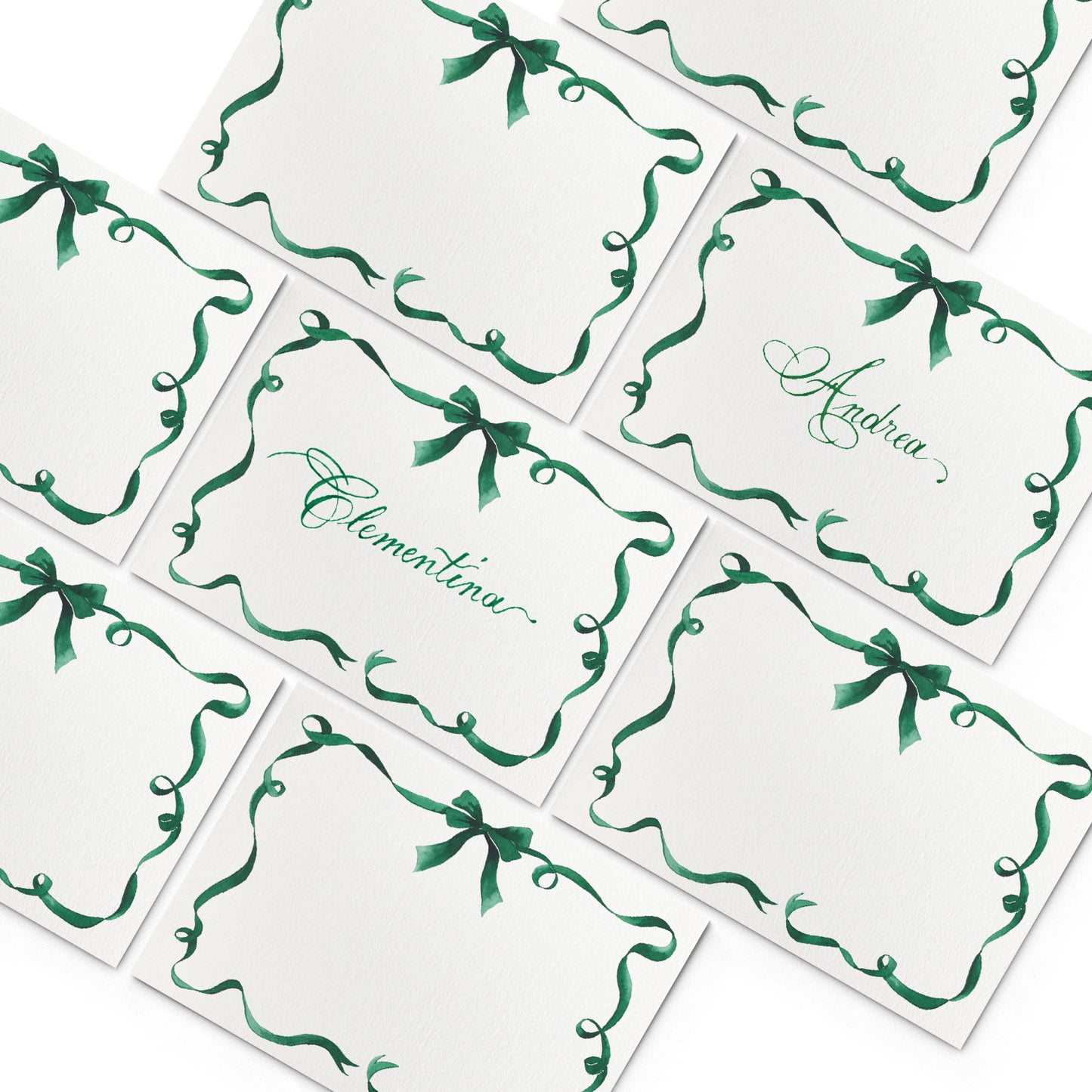 Image of multiple Clementina Sketchbook place cards with ribbon, featuring hand-painted designs.