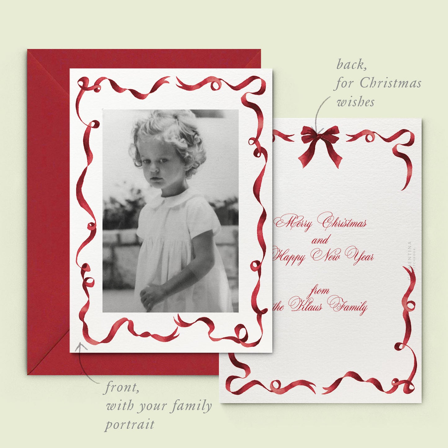 Festive Ribbon Printed Family Cards - Burgundy - 01