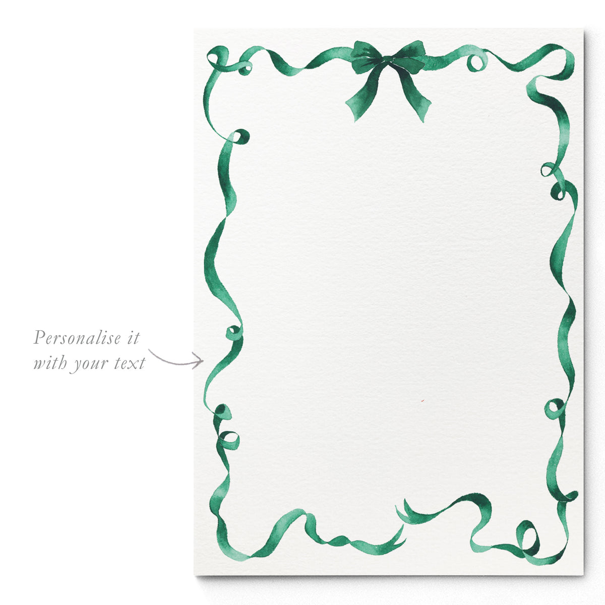 Festive ribbon invitation without text with green ribbon border and green envelope Christmas card for parties and gatherings.