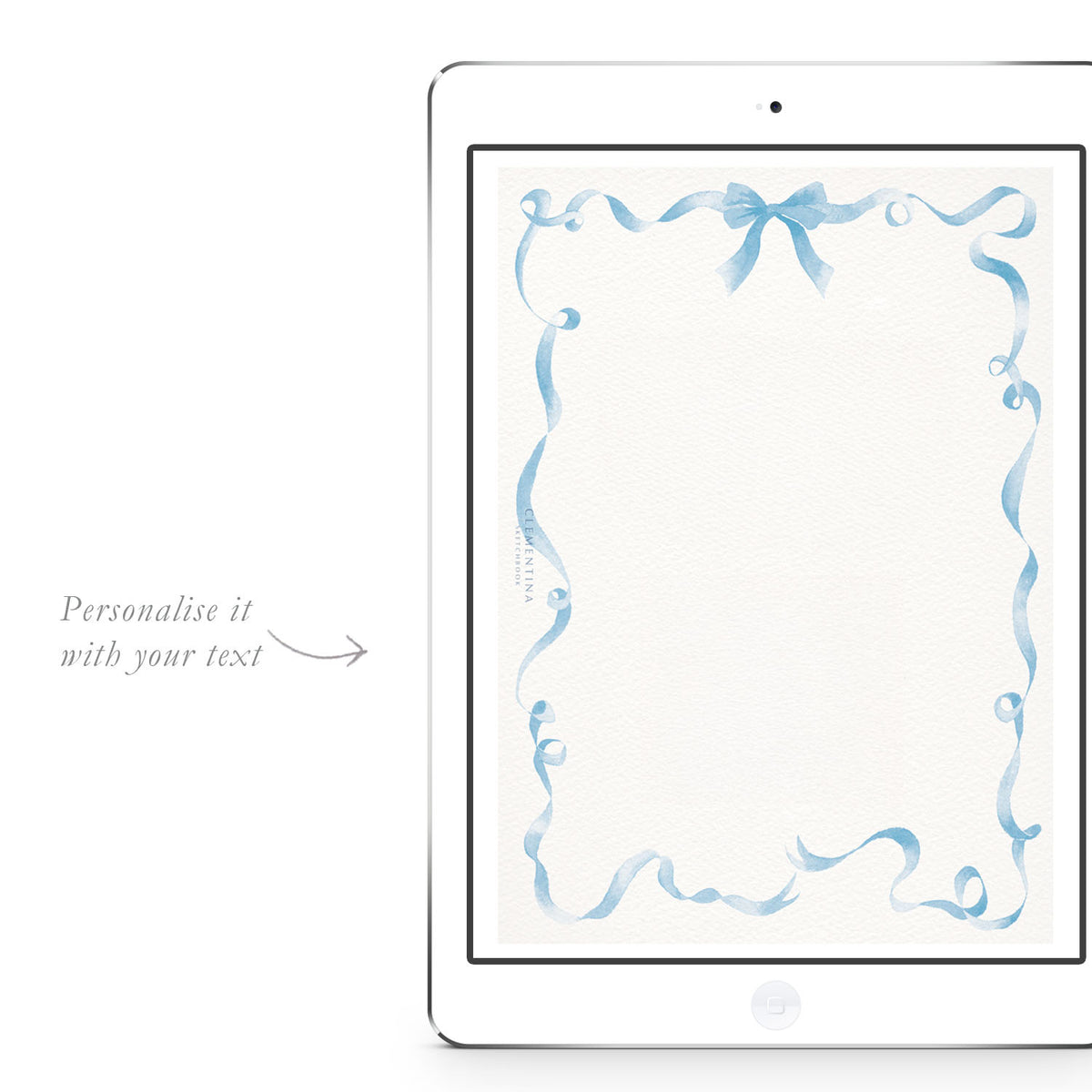 Festive Ribbon Baby Shower digital invitation from Clementina Sketchbook with personalised baby boy shower details on an iPad screen, featuring hand-painted blue ribbon border, available in different colours.