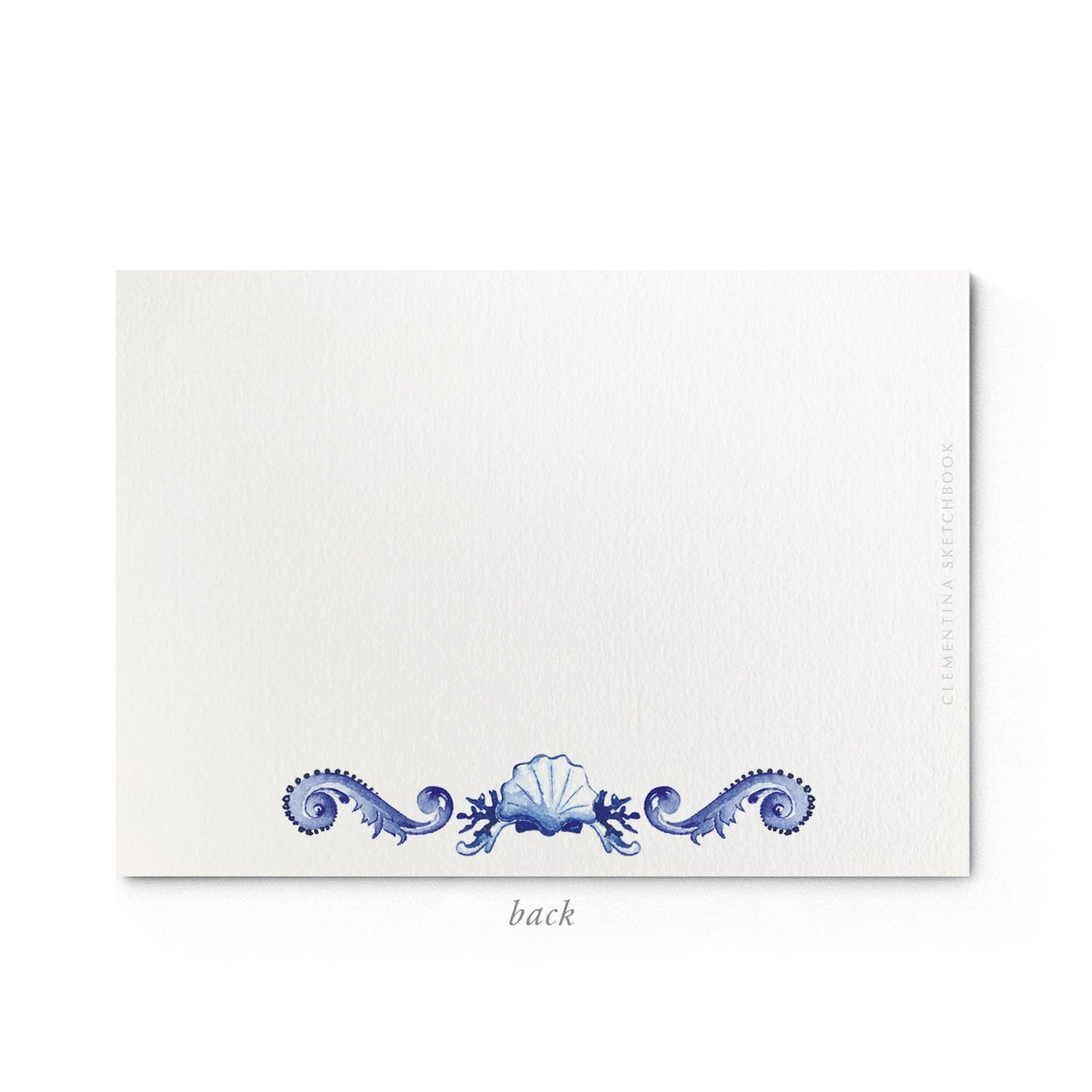 Image shows the back of a Clementina Sketchbook personalised stationery card, with a Portuguese-inspired blue and white watercolour design.
